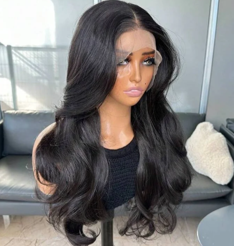 Natural Black Curtain Bangs Human Blend Lace Front Wig