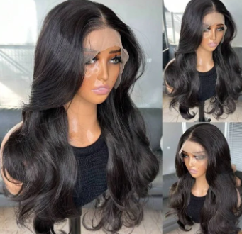 Natural Black Curtain Bangs Human Blend Lace Front Wig